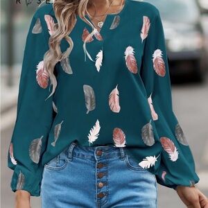 SHEIN Teal Feather Print Blouse